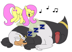 Size: 1658x1214 | Tagged: safe, artist:gamer524, fluttershy, bugbear, g4, music notes, paw pads, paws, png, simple background, singing, sleeping, transparent background, underpaw, zzz