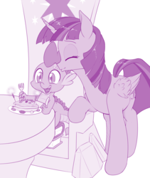 Size: 800x949 | Tagged: safe, artist:dstears, spike, twilight sparkle, alicorn, dragon, pony, g4, affection, baby, baby dragon, book, cute, cutie mark, female, folded wings, food, forehead kiss, friendship throne, heart, horn, kissing, male, mama twilight, mare, monochrome, pancakes, platonic kiss, spikabetes, spikelove, starry eyes, throne, twiabetes, twilight sparkle (alicorn), wingding eyes, wings