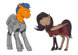 Size: 3508x2480 | Tagged: safe, artist:renniksarts, derpibooru exclusive, oc, oc only, oc:orange kyanite, oc:quillwright, earth pony, pegasus, pony, fallout equestria, :p, armor, couple, fallout equestria: of shadows, fanfic art, female, high res, male, power armor, scribe, scribe robe, silly, simple background, steel ranger, steel ranger scribe, straight, tongue out, white background