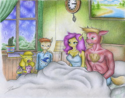 Size: 2081x1637 | Tagged: safe, artist:sinaherib, big macintosh, fluttershy, smarty pants, oc, oc:snow blossom, oc:summer wind, anthro, g4, anthro oc, bags under eyes, bed, breasts, cactus, chest hair, cleavage, clock, clothes, crying, female, male, messy hair, nightgown, offspring, painting, pajamas, parent:big macintosh, parent:fluttershy, parents:fluttermac, ship:fluttermac, shipping, story included, straight, tired, traditional art, window