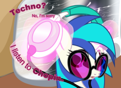 Size: 8984x6568 | Tagged: safe, artist:aaronmk, dj pon-3, vinyl scratch, pony, unicorn, g4, absurd resolution, dialogue, female, frederic chopin, glasses, headphones, magic, mare, solo, telekinesis, window