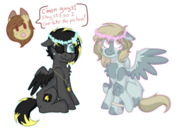 Size: 1200x872 | Tagged: safe, artist:person8149, oc, oc only, oc:landry, oc:slash, oc:strawberry cream, pegasus, pony, blushing, eyepatch, female, male, mare, simple background, sitting, stallion, transparent background