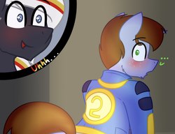 Size: 1242x954 | Tagged: safe, artist:coatieyay, edit, oc, oc only, oc:littlepip, oc:velvet remedy, unicorn, anthro, fallout equestria, blushing, clothes, comic, cropped, embarrassed, fluffy, horn, jumpsuit, looking at you, looking back, looking back at you, male, muzzle fluff, open mouth, rule 63, stallion, vault suit