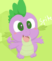 Size: 1800x2100 | Tagged: safe, artist:gamijack, spike, dragon, g4, baby, baby dragon, blushing, cute, fangs, green eyes, happy, looking up, male, open mouth, smiling, solo, spikabetes, text