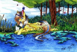 Size: 1024x698 | Tagged: safe, artist:scootiegp, oc, oc only, oc:sunny, butterfly, pegasus, pony, brush, card, cattails, female, flower, forest, grass, lake, lily (flower), paper, reeds, signature, sitting, smiling, solo, traditional art, tree, water, waterlily, wreath