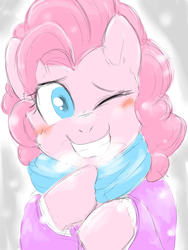 Size: 1536x2048 | Tagged: safe, artist:gamijack, pinkie pie, earth pony, pony, g4, blushing, breath, clothes, cold, female, grin, jacket, one eye closed, scarf, smiling, solo, wink