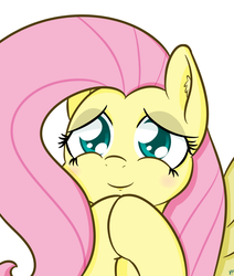 Size: 1100x1300 | Tagged: safe, artist:yakoshi, fluttershy, pegasus, pony, g4, bust, colored pupils, cute, daaaaaaaaaaaw, ear fluff, female, hooves together, looking at something, portrait, shyabetes, simple background, smiling, solo, white background, wings