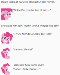 Size: 365x458 | Tagged: safe, artist:dziadek1990, pinkie pie, g4, belly, dancing, dialogue, emote story, emotes, fat, implied weight gain, laughing, mirror, reddit, slice of life, stomach, text, wiggle
