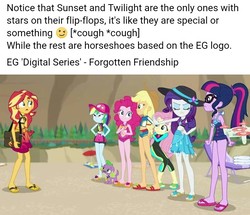 Size: 717x617 | Tagged: safe, edit, edited screencap, screencap, applejack, fluttershy, pinkie pie, rainbow dash, rarity, sci-twi, spike, spike the regular dog, sunset shimmer, twilight sparkle, dog, equestria girls, equestria girls series, forgotten friendship, g4, bag, beach ball, belly button, cap, clothes, cropped, drone, feet, flip-flops, fluttershy's wetsuit, hat, humane five, humane seven, humane six, implied lesbian, implied scitwishimmer, implied shipping, legs, mane six, overanalyzing, sandals, sarong, sun hat, swimsuit, text, towel, wetsuit