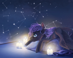 Size: 2700x2166 | Tagged: safe, artist:graypaint, oc, oc only, oc:starry night, pegasus, pony, candle, constellation, high res, pillow, solo, stars