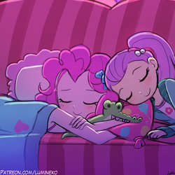Size: 750x750 | Tagged: safe, artist:lumineko, gummy, lily pad (g4), pinkie pie, equestria girls, equestria girls series, g4, pinkie sitting, clothes, cute, duo, duo female, eyes closed, female, signature, sleeping, smiling, young