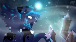 Size: 2608x1441 | Tagged: safe, artist:toodlededoo, artist:weightlessbones, princess luna, spirit of hearth's warming yet to come, alicorn, pony, a hearth's warming tail, g4, cloak, clothes, female, mare, snow, snowfall, solo