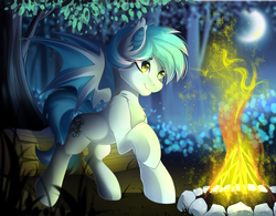 Size: 2222x1737 | Tagged: safe, artist:airiniblock, oc, oc only, bat pony, pony, rcf community, campfire, fire, forest, moon, night, solo, tree