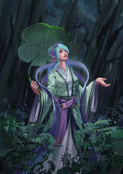 Size: 1024x1449 | Tagged: safe, artist:sunset tide, princess celestia, human, g4, clothes, elf ears, female, forest, humanized, leaf, looking up, rain, solo, tree, unicorns as elves, watermark