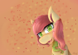 Size: 3541x2508 | Tagged: safe, artist:ruby dusk, roseluck, earth pony, pony, g4, bust, clothes, colored pupils, fangs, female, high res, looking at you, open mouth, portrait, scarf, signature, simple background, smiling, solo