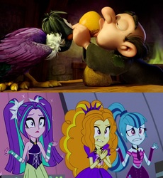 Size: 971x1057 | Tagged: safe, artist:hunterxcolleen, edit, edited screencap, screencap, adagio dazzle, aria blaze, sonata dusk, vulture, equestria girls, g4, my little pony equestria girls: rainbow rocks, crossover, disgusted, gargamel, interspecies, kissing, monty, smurfs, smurfs: the lost village, smurfs: the lost village (movie), the dazzlings, the smurfs