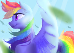 Size: 3008x2160 | Tagged: safe, artist:obsidelle, rainbow dash, pegasus, pony, g4, bust, female, high res, looking away, mare, portrait, profile, smiling, solo, spread wings, windswept mane, wings