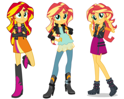 Size: 1442x1152 | Tagged: safe, artist:givralix, artist:sugar-loop, sunset shimmer, equestria girls, equestria girls series, friendship games, boots, clothes, comparison, crossed arms, cute, female, geode of empathy, hand on hip, high heel boots, jacket, leaning, leather jacket, looking at you, peace sign, shimmerbetes, shoes, simple background, skirt, smiling, solo, transparent background, vector