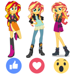 Size: 1117x1152 | Tagged: safe, artist:givralix, artist:sugar-loop, sunset shimmer, equestria girls, equestria girls series, g4, my little pony equestria girls: friendship games, boots, clothes, comparison, crossed arms, cute, double peace sign, facebook reactions, female, geode of empathy, hand on hip, high heel boots, jacket, leaning, leather jacket, looking at you, peace sign, shimmerbetes, shoes, simple background, skirt, smiling, solo, transparent background, vector