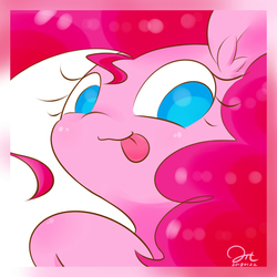 Size: 1080x1080 | Tagged: safe, artist:aitureria, pinkie pie, earth pony, pony, g4, blushing, female, looking at you, smiling, solo, tongue out, wide eyes