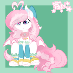 Size: 1000x1000 | Tagged: safe, artist:pastel-pony-princess, oc, oc only, oc:sylphie, bat pony, pony, bow, clothes, collar, cute, heart eyes, simple background, sitting, solo, wingding eyes