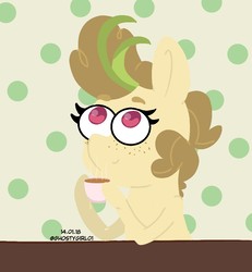 Size: 925x1000 | Tagged: safe, artist:ghostygirl01, oc, oc only, oc:camellia gold, earth pony, pony, bust, food, lineless, simple background, solo, tea