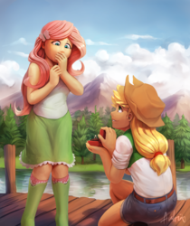 Size: 4410x5242 | Tagged: safe, artist:audrarius, applejack, fluttershy, human, appleshybomb, equestria girls, g4, absurd resolution, cowboy hat, crying, female, forest, hat, humanized, lake, lesbian, marriage proposal, mountain, mountain range, pier, ring, ship:appleshy, shipping, smiling, stetson, tears of joy, tree, water