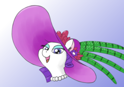 Size: 850x596 | Tagged: safe, artist:dr-waveband, rarity, pony, unicorn, g4, female, giant hat, gradient background, hat, jewelry, mare, necklace, pearl necklace, solo