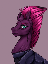 Size: 1200x1600 | Tagged: safe, artist:dementra369, tempest shadow, pony, unicorn, g4, my little pony: the movie, armor, broken horn, bust, female, horn, pink background, portrait, simple background, solo