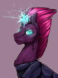 Size: 1200x1600 | Tagged: safe, alternate version, artist:dementra369, tempest shadow, pony, unicorn, g4, my little pony: the movie, armor, broken horn, bust, electricity, female, glowing eyes, horn, looking at you, magic, mare, pink background, portrait, simple background, solo, sparking horn