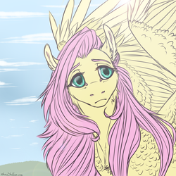 Size: 1200x1200 | Tagged: safe, artist:dementra369, fluttershy, pegasus, pony, g4, bust, cloud, female, looking at you, mare, portrait, sky, solo, spread wings, turned head, wings