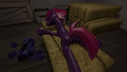 Size: 2900x1631 | Tagged: safe, artist:steelclaw, fizzlepop berrytwist, tempest shadow, pony, g4, my little pony: the movie, 3d, armor, bed, boxes, butt, cute, female, flank, hay, hay bale, legs, nudity, plot, resting, shiny, sleeping, solo, source filmmaker, stupid sexy tempest shadow, tempass