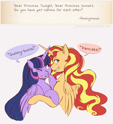 Size: 2700x2977 | Tagged: safe, artist:overlordneon, sunset shimmer, twilight sparkle, alicorn, pony, g4, alicornified, cute, dialogue, duo, female, high res, i'm pancake, lesbian, mare, older, older sunset, older twilight, older twilight sparkle (alicorn), one eye closed, race swap, shimmerbetes, shimmercorn, ship:sunsetsparkle, shipping, smiling, twiabetes, twilight sparkle (alicorn), ultimate twilight