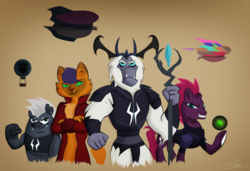 Size: 2604x1780 | Tagged: safe, artist:oinktweetstudios, capper dapperpaws, grubber, storm king, tempest shadow, abyssinian, cat, pony, unicorn, anthro, g4, my little pony: the movie, airship, anthro with ponies, armor, balloon, broken horn, brown background, celaeno's airship, crossed arms, female, fist, gradient background, grin, horn, hot air balloon, male, mare, obsidian orb, simple background, smiling, staff, staff of sacanas, storm king's ship