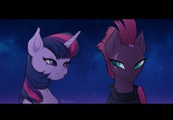 Size: 2403x1664 | Tagged: safe, artist:albusfs, fizzlepop berrytwist, tempest shadow, twilight sparkle, alicorn, pony, g4, my little pony: the movie, broken horn, duo, eye scar, horn, looking at each other, scar, scene interpretation, smiling, twilight sparkle (alicorn)