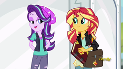 Size: 1920x1080 | Tagged: safe, screencap, starlight glimmer, sunset shimmer, equestria girls, equestria girls specials, g4, mirror magic, beanie, clothes, discovery family logo, hat, jacket, lidded eyes, vest