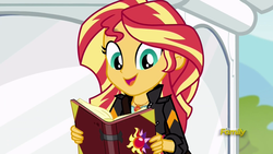 Size: 1920x1080 | Tagged: safe, screencap, sunset shimmer, equestria girls, equestria girls specials, g4, mirror magic, book, cute, discovery family logo, happy, shimmerbetes, smiling