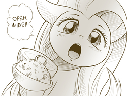 Size: 1600x1200 | Tagged: safe, artist:phoenixperegrine, fluttershy, pony, g4, bust, cute, feeding, female, food, hoof hold, looking at you, magnet hoof, mare, monochrome, open mouth, portrait, rice, shyabetes, simple background, sketch, speech bubble, spoon