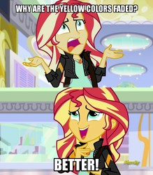 Size: 897x1024 | Tagged: safe, screencap, sunset shimmer, equestria girls, equestria girls specials, g4, mirror magic, animation error, discovery family logo, female, geode of empathy, image macro, meme, solo