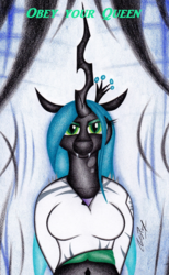 Size: 1430x2314 | Tagged: safe, artist:thechrispony, queen chrysalis, anthro, g4, bedroom eyes, clothes, fangs, looking at you, traditional art