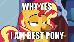 Size: 600x338 | Tagged: safe, edit, edited screencap, screencap, sunset shimmer, pony, unicorn, equestria girls, equestria girls specials, g4, mirror magic, best pony, discovery family logo, female, image macro, meme, obvious, solo, truth