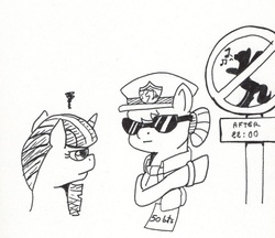 Size: 838x724 | Tagged: safe, artist:kuroneko, derpibooru exclusive, copper top, twilight sparkle, alicorn, earth pony, pony, g4, duo, female, hat, ink drawing, mare, monochrome, police, police officer, police pony, police uniform, sign, simple background, sunglasses, traditional art, twilight sparkle (alicorn), white background