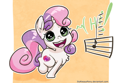 Size: 2386x1620 | Tagged: safe, artist:itsalwayspony, sweetie belle, pony, unicorn, g4, cute, cutie mark, diasweetes, female, filly, hi, looking at you, music notes, solo, squeaky belle, the cmc's cutie marks