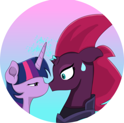 Size: 6734x6708 | Tagged: safe, artist:sparkleshadow, fizzlepop berrytwist, tempest shadow, twilight sparkle, alicorn, pony, unicorn, g4, my little pony: the movie, absurd resolution, female, imminent kissing, lesbian, mare, nose to nose, ship:tempestlight, shipping, sweat, sweatdrop, twilight sparkle (alicorn)