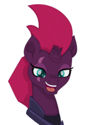Size: 794x1123 | Tagged: safe, artist:sparkleshadow, fizzlepop berrytwist, tempest shadow, pony, unicorn, g4, my little pony: the movie, armor, broken horn, bust, eye scar, female, horn, mare, open mouth, scar, simple background, smiling, solo