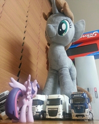 Size: 1995x2507 | Tagged: safe, twilight sparkle, oc, oc:littlepip, alicorn, pony, unicorn, fallout equestria, g4, daf, diecast, fanfic, female, figure, horn, irl, isuzu, mare, mercedes-benz, model, photo, plushie, scania, semi truck, size difference, toy, truck, twilight sparkle (alicorn), where is your god now?, wings