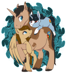 Size: 1024x1135 | Tagged: safe, artist:laps-sp, oc, oc only, oc:firelilly, oc:shale, oc:swiftfeather, pegasus, pony, unicorn, female, filly, male, stallion