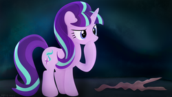 Size: 3840x2160 | Tagged: safe, artist:startledflowerpony, starlight glimmer, pony, g4, female, high res, mare, raised hoof, s5 starlight, smiling, solo, staff, staff of sameness