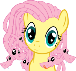 Size: 4851x4555 | Tagged: safe, artist:azure-vortex, fluttershy, gorgon, monster pony, pony, snake, g4, absurd resolution, cute, fangs, female, forked tongue, greek mythology, looking at you, mare, medusa, medusashy, simple background, smiling, solo, transparent background, vector, wide eyes