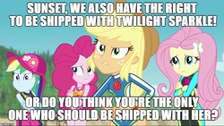 Size: 887x500 | Tagged: safe, applejack, fluttershy, pinkie pie, rainbow dash, equestria girls, equestria girls series, forgotten friendship, g4, caption, discussion in the comments, image macro, implied lesbian, implied shipping, implied sunset shimmer, implied sunsetsparkle, implied twidash, implied twijack, implied twilight sparkle, implied twinkie, implied twishy, jealous, meme, text